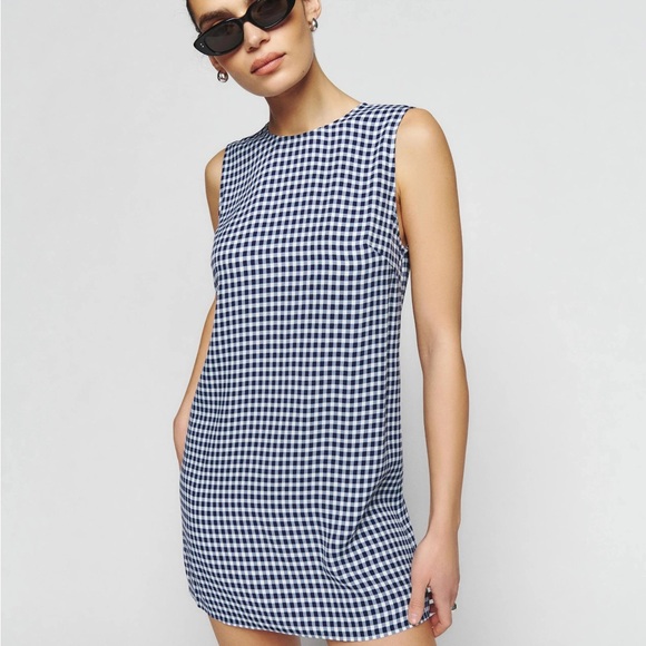 NWT! Reformation Navy Blue Gingham Shift Dress - Picture 1 of 4